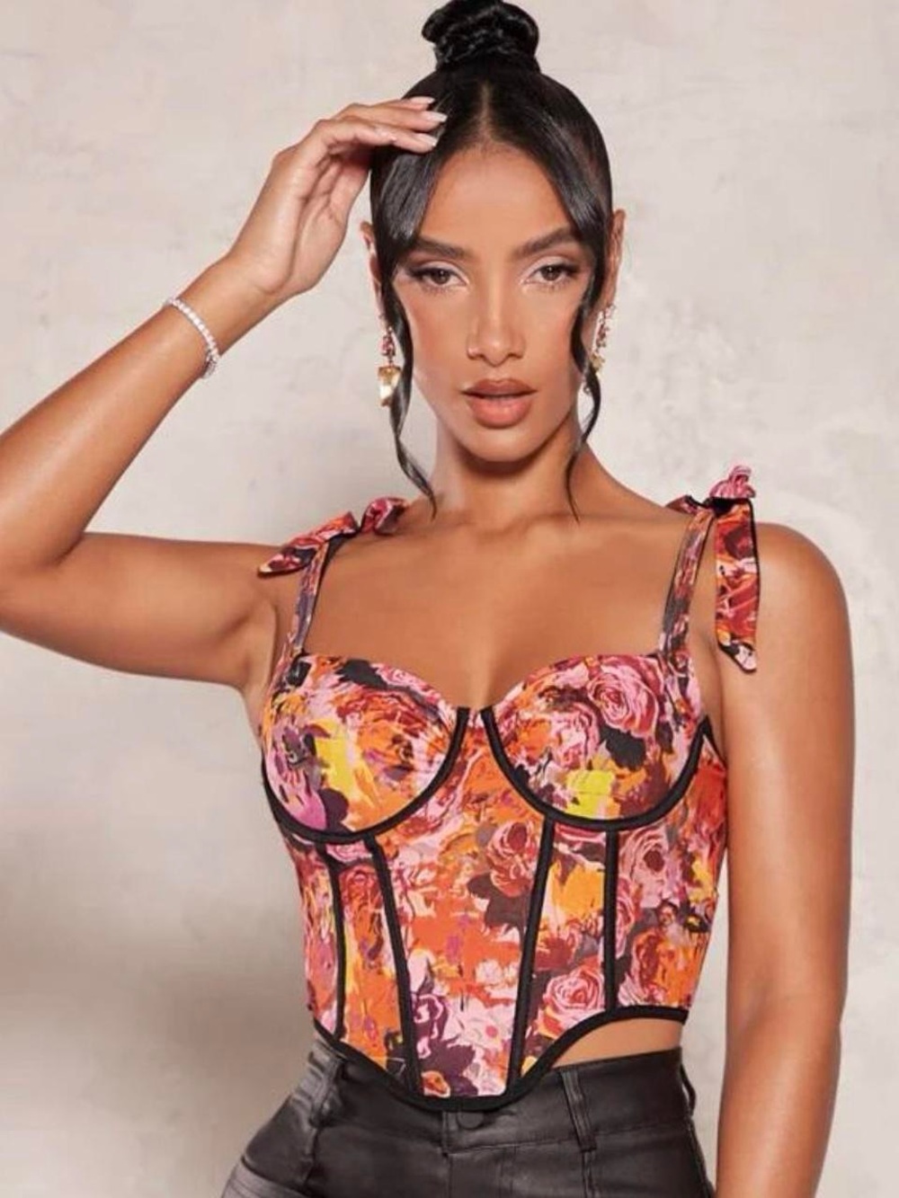 SHEIN Pink Orange Floral Tie-Shoulder Corset Camisole  
Size M